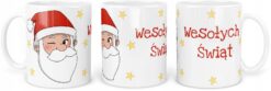 Biały kubek świąteczny z grafiką uśmiechającego się Mikołaja i napisem Wesołych Świąt oraz gwiazdkami