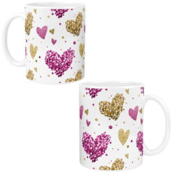 Kubek biały z grafiką brokatowych serc w kolorze różowym i złotym