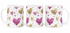 Biały kubek z nadrukiem brokatowych serc w kolorach różowym i złotym na całej powierzchni