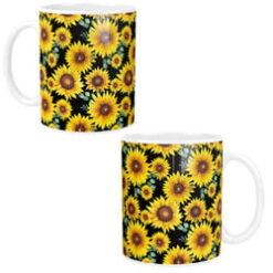 Kubek biały z grafiką licznych żółtych słoneczników na czarnym tle