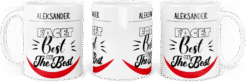 Biały kubek z imieniem Aleksander i napisem Facet Best of The Best z czerwonym uśmiechem