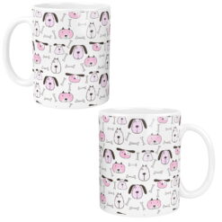 Kubek biały z nadrukiem różowych i białych pysków piesków oraz kościami na całej powierzchni