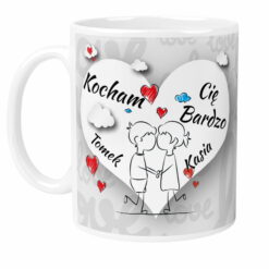 Biały kubek z nadrukiem serca, napisem Kocham Cię Bardzo oraz imionami Tomek i Kasia