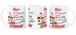 Personalizowany kubek z napisem Kasia jesteś wszystkim czego potrzebuję aby być szczęśliwym kocham oraz grafiką pary trzymającej się za ręce