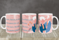 Kubek dla Dziadków z ilustracją starszego małżeństwa i życzeniami na różowym tle