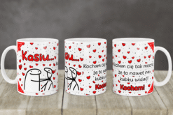Kubek walentynkowy z imieniem Kasiu, czerwonymi serduszkami i śmiesznym tekstem miłosnym