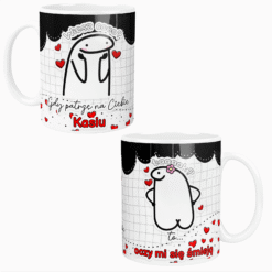 Kubek z napisem Miłosny Kubek gdy Patrzę na Ciebie Kasia z uroczymi rysunkami i czerwonymi serduszkami