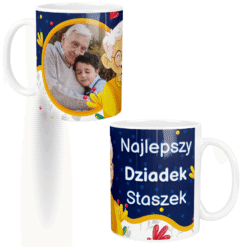 Personalizowany kubek z napisem 'Najlepszy Dziadek Staszek' i zdjęciem starszego mężczyzny przytulającego dziecko