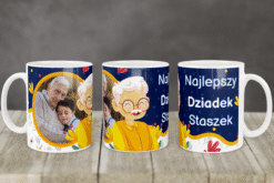 Personalizowany kubek dla dziadka z ilustracją starszego mężczyzny i napisem Najlepszy Dziadek Staszek