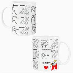 Kubek biały z czarnymi prostymi rysunkami postaci śpiewających oraz kolorowym królem z czerwonym płaszczem i koroną