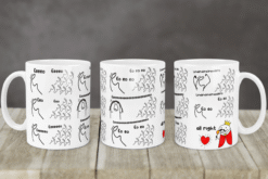 Kubek biały z czarno-czerwonym nadrukiem postaci i tekstem nawiązującym do Freddiego Mercurego