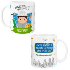 Kubek dla architekta z napisem Najlepszy Architekt Przemek oraz motywem architektonicznym i cytatem motywacyjnym
