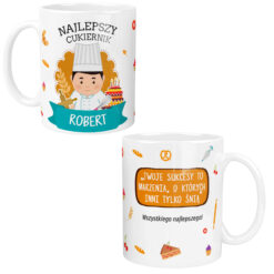 Kubek dla cukiernika z napisem Najlepszy Cukiernik oraz imieniem Robert i grafiką cukiernika
