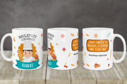 Kubek dla cukiernika z personalizacją imienia Robert oraz kolorową grafiką cukiernika i wypieków