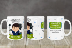 Kubek dla fotografa z imieniem Krzysztof i podziękowaniem za reportaż ślubny na białym tle