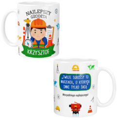 Personalizowany kubek dla geodety z napisem Najlepszy Geodeta Krzysztof i motywem geodezyjnym