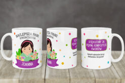 Personalizowany kubek dla kwiaciarki z napisem Najlepsza pani kwiaciarka Joanna oraz podziękowaniem za kompozycje kwiatów