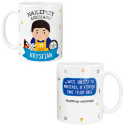 Kubek personalizowany dla mechanika z napisem Najlepszy Mechanik i imieniem Krystian oraz motywem narzędzi i koła