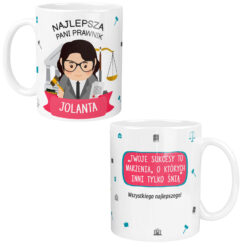 Kubek personalizowany dla pani prawnik z imieniem Jolanta i motywem prawniczym