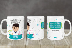 Kubek dla stomatologa z napisem Najlepszy Stomatolog Piotr i grafiką dentysty z zębami