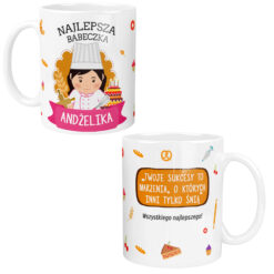 Kubek z napisem Najlepsza Babeczka i imieniem Andżelika z grafiką cukiernika i dekoracji
