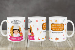 Kubek z napisem Najlepsza Babeczka i imieniem Andżelika, z grafiką szefa kuchni i tortem