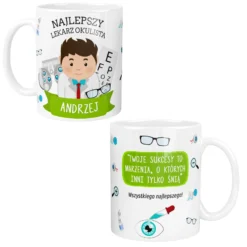 Kubek personalizowany dla lekarza okulisty z napisem Najlepszy lekarz okulista Andrzej oraz z grafiką symboli okulistycznych