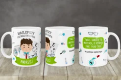 Kubek dla lekarza okulisty z napisem Najlepszy lekarz okulista Andrzej i motywem okulistycznym