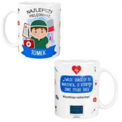 Kubek personalizowany dla pielęgniarza z napisem Najlepszy Pielęgniarz Tomek oraz motyw medyczny